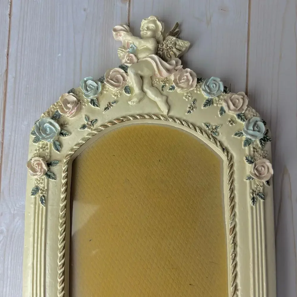 Vintage 90s Cherub Roses Resin Picture Frame Arch Opening Cream w/ Gold Accents